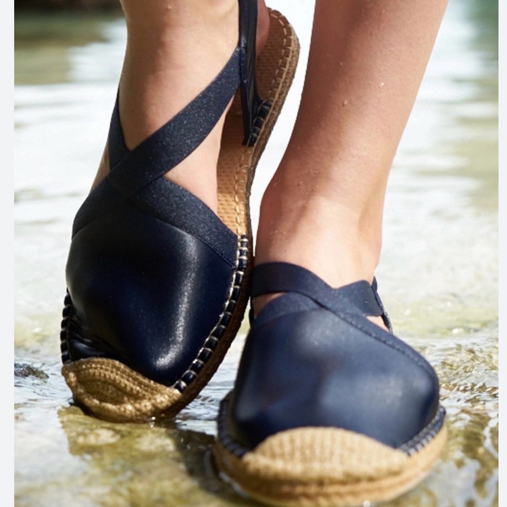 Navy Espadrille Slingback Flats with Crisscross Straps